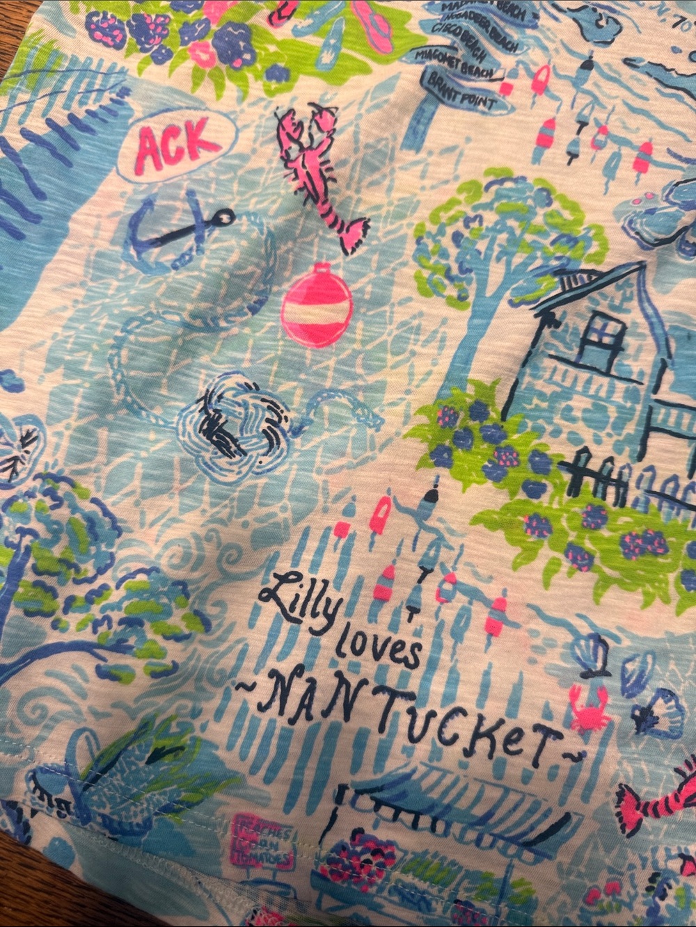 Lilly Pulitzer Short Sleeve V-Neck Tee in Blue, Pink & Green Nantucket Print - Picture 2 of 5